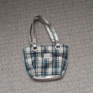 Small green, brown, cream and sliver purse